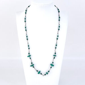 Vintage Sterling Silver 925 Malachite Amazonite Bead Necklace 22.5”